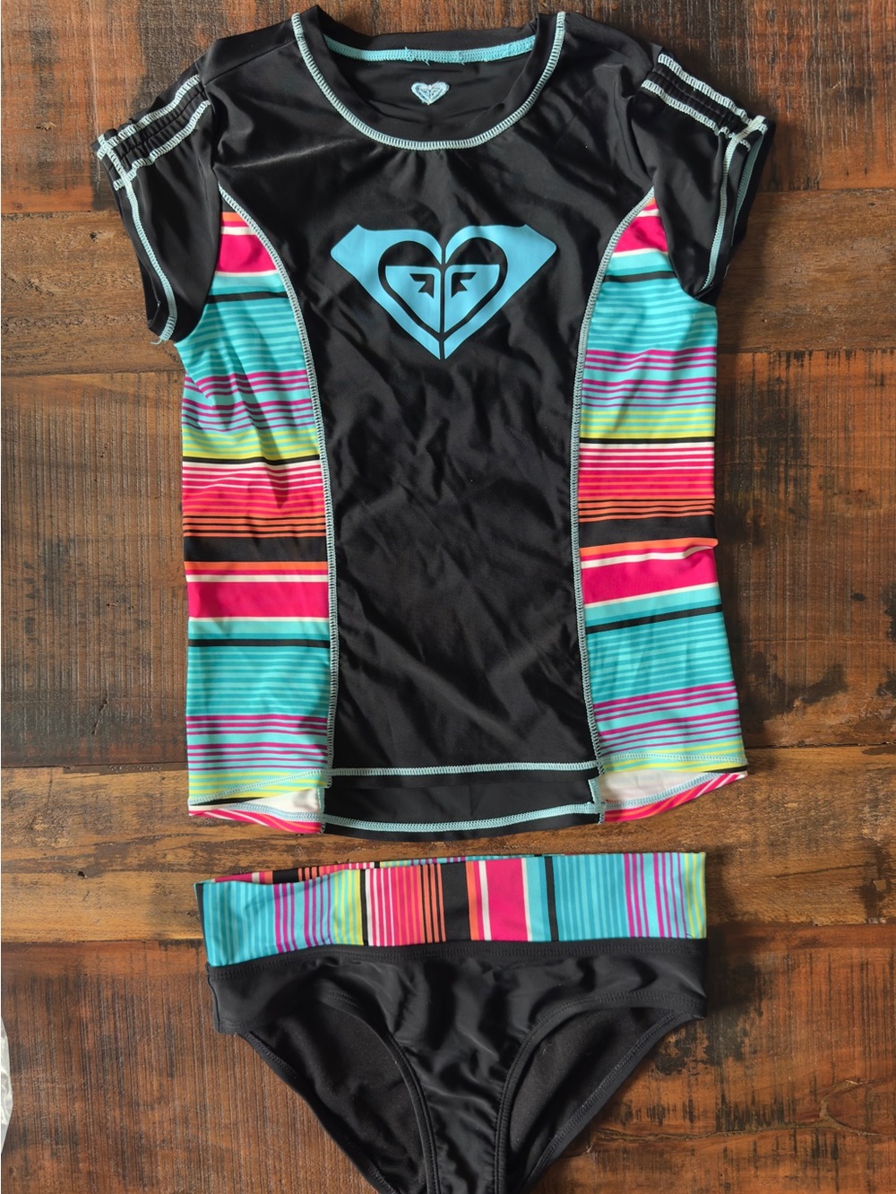 Roxy Black Rashguard Two-Piece Swim Set with Turquoise & Multicolor Stripes